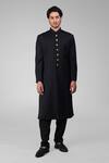 Shop_Talking Threads_Black Silk Straight Sherwani And Pathani Set  _Online_at_Aza_Fashions