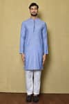 Buy_Arihant Rai Sinha_Blue Kurta Jacquard Silk Striped Checkered Pattern And White Pant Set_Online_at_Aza_Fashions