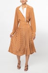 Leh Studios_Brown Silk Polka Print Pleated Flare Dress _Online_at_Aza_Fashions