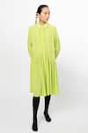 Buy_Leh Studios_Green 100% Cotton Plain Collar Micro Pleated Flare Shirt Dress _at_Aza_Fashions