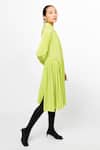 Buy_Leh Studios_Green 100% Cotton Plain Collar Micro Pleated Flare Shirt Dress _Online_at_Aza_Fashions