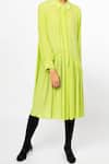 Shop_Leh Studios_Green 100% Cotton Plain Collar Micro Pleated Flare Shirt Dress _Online_at_Aza_Fashions