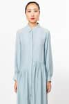 Leh Studios_Blue 100% Silk Plain Collar Ladder Shirt Dress _Online_at_Aza_Fashions