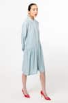 Shop_Leh Studios_Blue 100% Silk Plain Collar Ladder Shirt Dress _at_Aza_Fashions