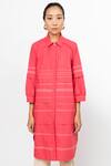 Shop_Leh Studios_Pink 100% Cotton Stitch Collar Pleated Fence Shirt Dress _Online_at_Aza_Fashions