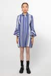 Leh Studios_Blue 100% Cotton Striped Collar Bell Sleeves Tunic  _Online_at_Aza_Fashions