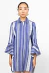 Leh Studios_Blue 100% Cotton Striped Collar Bell Sleeves Tunic  _at_Aza_Fashions