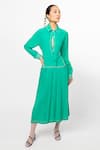 Buy_Leh Studios_Green 100% Silk Plain Collar Pleated Flare Couch Dress _at_Aza_Fashions
