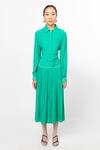 Leh Studios_Green 100% Silk Plain Collar Pleated Flare Couch Dress _at_Aza_Fashions