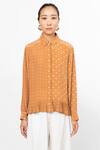 Leh Studios_Brown 100% Silk Polka Dot Shirt Collar Fin Pattern _Online_at_Aza_Fashions