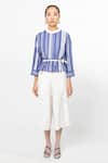 Buy_Leh Studios_Blue 100% Cotton Stripe Band Collar Lace Up Peplum Top  _Online_at_Aza_Fashions