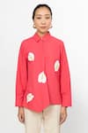 Shop_Leh Studios_Coral 100% Cotton Applique Shirt Collar Top  _Online_at_Aza_Fashions