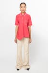 Buy_Leh Studios_Coral 100% Cotton Solid Shirt Collar Slide Top  _at_Aza_Fashions