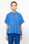 Buy_Leh Studios_Blue 100% Cotton Running Stitch Band Collar Fence Stripe Pattern Shirt _at_Aza_Fashions