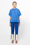 Shop_Leh Studios_Blue 100% Cotton Running Stitch Band Collar Fence Stripe Pattern Shirt _Online_at_Aza_Fashions
