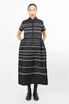 Buy_Leh Studios_Black 100% Cotton Striped Collar Trickle Micro Pleated Dress  _at_Aza_Fashions