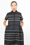 Leh Studios_Black 100% Cotton Striped Collar Trickle Micro Pleated Dress  _Online_at_Aza_Fashions