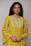 Shop_Aarke Ritu Kumar_Green Blended Fabric Embroidered Floral Notched Bodice Gathered Kurta Set _Online_at_Aza_Fashions