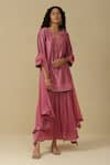 Shop_Aarke Ritu Kumar_Pink Blended Fabric Embroidered Floral Round Kurta Skirt Set _Online_at_Aza_Fashions