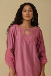 Aarke Ritu Kumar_Pink Blended Fabric Embroidered Floral Round Kurta Skirt Set _at_Aza_Fashions