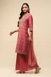 Aarke Ritu Kumar_Pink Blended Fabric Embroidered Floral Notched Kurta Flared Pant Set _Online_at_Aza_Fashions