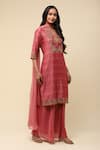 Buy_Aarke Ritu Kumar_Pink Blended Fabric Embroidered Floral Notched Kurta Flared Pant Set _Online_at_Aza_Fashions