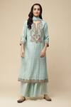 Buy_Aarke Ritu Kumar_Green Blended Fabric Embroidered Floral Notched Straight Kurta Flared Pant Set _at_Aza_Fashions