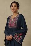 Aarke Ritu Kumar_Blue Rayon Embroidered Floral Notched Kurta Pant Set _at_Aza_Fashions