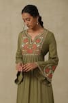 Shop_Aarke Ritu Kumar_Green Rayon Embroidered Floral Notched Kurta Pant Set _Online_at_Aza_Fashions