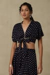 Shop_Aarke Ritu Kumar_Blue Blended Fabric Printed Floral V Neck Crop Top And Skirt Set _Online_at_Aza_Fashions