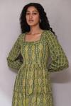 Shop_Aarke Ritu Kumar_Green Blended Printed Geometric Square Neck Dress _Online_at_Aza_Fashions