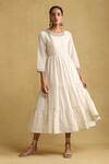 Buy_Ritu Kumar_White Cotton, Silk Embroidery Round Neck Tiered Dress _at_Aza_Fashions