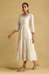 Ritu Kumar_White Cotton, Silk Embroidery Round Neck Tiered Dress _Online_at_Aza_Fashions