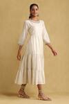 Buy_Ritu Kumar_White Cotton, Silk Embroidery Round Neck Tiered Dress _Online_at_Aza_Fashions