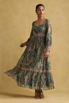 Buy_Ritu Kumar_Green Cotton, Silk V-neck Botanic Print Dress _at_Aza_Fashions