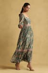 Buy_Ritu Kumar_Green Cotton, Silk V-neck Botanic Print Dress _Online_at_Aza_Fashions