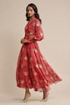 Ritu Kumar_Coral Viscose Printed V Neck Cuff Sleeve Dress _Online_at_Aza_Fashions