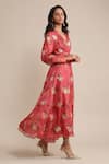 Buy_Ritu Kumar_Coral Viscose Printed V Neck Cuff Sleeve Dress _Online_at_Aza_Fashions