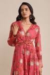 Shop_Ritu Kumar_Coral Viscose Printed V Neck Cuff Sleeve Dress _Online_at_Aza_Fashions