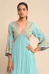 Shop_Ritu Kumar_Blue Viscose Embroidery V-neck Floral Bell Sleeve Dress _Online_at_Aza_Fashions
