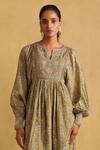 Shop_Ritu Kumar_Green Viscose Embroidered Floral Notched Print And Dress _Online_at_Aza_Fashions