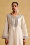 Shop_Ritu Kumar_Off White Cotton, Silk, Organza Embroidery, Tassels Split Kurta Palazzo Set _Online_at_Aza_Fashions