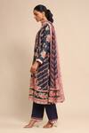 Ritu Kumar_Blue Cotton, Rayon Embroidery Round Neck Floral Bloom Print Kurta Pant Set_Online_at_Aza_Fashions
