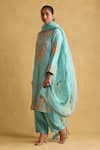 Ritu Kumar_Blue Kurta And Pant- Tusser Silk Embroidered Floral Round Straight Set _Online_at_Aza_Fashions