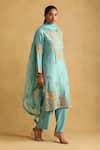 Buy_Ritu Kumar_Blue Kurta And Pant- Tusser Silk Embroidered Floral Round Straight Set _Online_at_Aza_Fashions