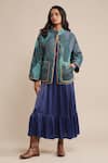 Buy_Ritu Kumar_Blue Viscose Mandarin Collar Micro Print Quilted Jacket _at_Aza_Fashions