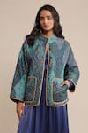 Ritu Kumar_Blue Viscose Mandarin Collar Micro Print Quilted Jacket _Online_at_Aza_Fashions