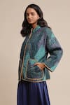Buy_Ritu Kumar_Blue Viscose Mandarin Collar Micro Print Quilted Jacket _Online_at_Aza_Fashions