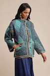 Shop_Ritu Kumar_Blue Viscose Mandarin Collar Micro Print Quilted Jacket _Online_at_Aza_Fashions