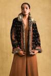 Ritu Kumar_Black Silk, Velvet Embroidery Collared Floral Print Quilted Jacket_Online_at_Aza_Fashions